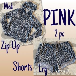🎀Nwot 2pc Pink matching leopard zip up and shorts